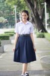 Portrait Of Thai High School Student Uniform Teen Beautiful Girl Happy And Relax, Stock Photo