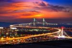 Incheon Bridge With Sunset In Korea Stock Photo