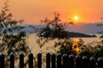 High Angle View Beautiful Lake At Sunset From Resort Stock Photo