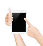 Hand Showing White Tablet Isolated With Clipping Path Stock Photo