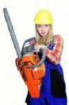 Woman With Chainsaw Stock Photo