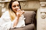 Woman Cherishing Champagne, Leisure Time Stock Photo