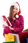 Santa Girl With Christmas Card Stock Photo