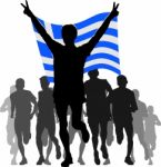 Athlete With The Greece Flag At The Finish Stock Photo