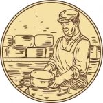 Cheesemaker Making Cheddar Cheese Circle Drawing Stock Photo