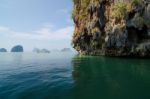 National Park In Phang Nga Bay With Tourist Boat, Thailand Stock Photo