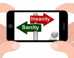 Insanity Sanity Signpost Displays Sane Or Insane Stock Photo