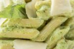 Spring Penne With Spinach Pesto And Green Pea Stock Photo