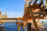 Gangway Or Walk Way In Oil And Gas Construction Platform, Oil And Gas Process Platform, Remote Platform For Production Oil And Gas, Construction In Offshore Stock Photo