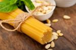 Italian Traditional Basil Pesto Pasta Ingredients Stock Photo