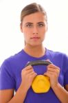 Fitness Woman Holding Kettlebell Stock Photo