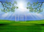 Home In Beautiful Green Grass Field Stock Photo