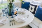 Dinning Room With White Round Table Stock Photo