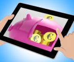 Euros In Piggy Shows Currency And Investment Tablet Stock Photo