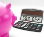 Fifty Percent Off Calculator Means Half-price Promotions Stock Photo