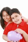 Mom Teaching Her Son To Save Money Stock Photo