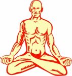 Man Lotus Position Asana Woodcut Stock Photo