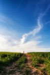 Lone Woman Standing On A Dirt Road Leading Off Into The Sky Stock Photo