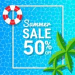 Water Waves And 50% Off For Summer Sale Discounts Stock Photo