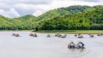 Bamboo Rafts Are Floating Restaurant Stock Photo