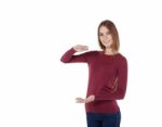 Girl Holding An Imaginary Large Board Stock Photo