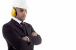 Folded Arm Engineer Wearing Earmuff Stock Photo