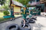 Student 9-10 Years Old, Scout In Adventure Activities, Scout Camp School Bangkok Thailand Stock Photo