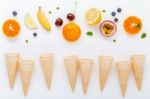 Flat Lay Various Fresh Fruits Blueberry ,strawberry ,orange ,ban Stock Photo