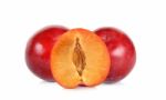 Red Plum Fruit Isolated On White Background Stock Photo