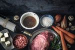 Ingredients For Boeuf Bourguignon On The  Dark Stone  Table Top View Stock Photo