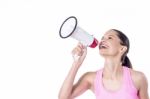 Cheerful Woman Making An Announcement Stock Photo