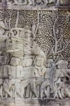 Historic Khmer Bas-relief Showing Hindu Legend Scenes At Bayon T Stock Photo