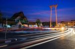 Giant Swing And Wat Suthat Temple At Twilight In Bangkok, Stock Photo