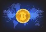 Bitcoin Digital Cryptocurrency With World Map Background Stock Photo