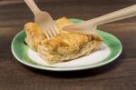 Pineapple Pie On White Plate With Fork And Knife Stock Photo