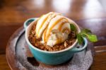 Apple Crumble Dessert With Ice Cream Stock Photo