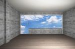 Bare Concrete Wall And Wood Floor, Sky Background Stock Photo