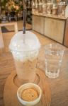 Ice Caffe Mocha Serving On Wooden Table Stock Photo