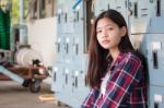 Asia Thai Teenager Women Scotch T-shirt Relax And Smile Stock Photo