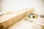 Carpenter Tools On Wood Table Stock Photo