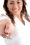 Happy Woman Posing With Knife Stock Photo