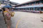 Student 9-10 Years Old, Scout Assembly, Scout Camp In Bangkok Thailand Stock Photo