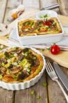 Quiche Lorraine With Chicken, Mushrooms And Broccoli Stock Photo