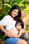 Wonderful Pregnant Woman And Her Children Stock Photo