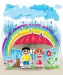 Rainy Day With Rainbow Kids With Pets Hiding Under Umbrella Stock Photo