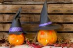 Original Decorations With Pumpkins And Halloween Witch Hats Stock Photo