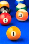 Billiard Balls In A Blue Pool Table Stock Photo