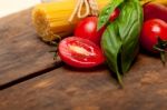 Italian Spaghetti Pasta Tomato And Basil Stock Photo