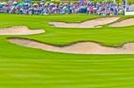 Golf Ball On Fairway With Sand Bunker Stock Photo