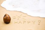 Inscription Of Word Happy With Exclamation Mark Written On Wet Y Stock Photo